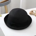 Kids black dome straw hat with elegant bow ribbon for summer beach sun protection - S (52-54cm) / Black