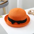 Vibrant orange children's dome straw hat with black bow accent for summer sun protection - S (52-54cm) / Orange