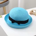 Sky blue straw sun hat for boys featuring a round top and a black ribbon bow tie - S (52-54cm) / Sky Blue