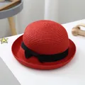 Kids red woven straw fedora hat with black ribbon bow and elegant round crown design - S (52-54cm) / Red