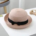 Pink children's straw sun hat with elegant black bow ribbon for summer beach trips - S (52-54cm) / Light Pink
