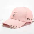 Detail of pink cotton baseball cap with iron rings and Eiffel Tower metal pendant - Tower Style (Pink)