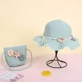 Kids mint blue straw hat and matching bag set with woven flowers and wavy brim - Hat / Green