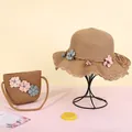 Straw sun hat and matching crossbody bag set with 3D fabric flowers for girls' beach vacation - Hat / Coffee