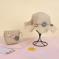 Children straw beach hat and bag set with ruffle edges and three floral decorations - Hat / Khaki