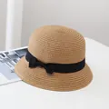 Elegante cappello di paglia marrone chiaro con nastro in gros-grain nero e fiocco - Adulto / Cachi (Fiocco)