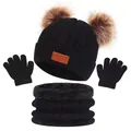 Winter kids knit hat scarf and gloves set with warm fleece lining and dual pom-poms - Toddler Size / Black