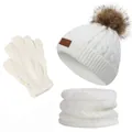 Naturweißes Winter-Strickset für Kinder mit Bommelmütze, Loop-Schal und Handschuhen - Einzelbommel / Weiß