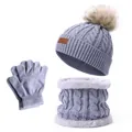 Ensemble hiver enfant bonnet écharpe et gants en maille avec pompon et polaire - Pompon Unique / Gris