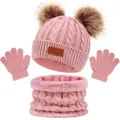 Pink knit 3-piece kids winter set with dual pompom hat, warm scarf, and gloves - Toddler Size / Pink