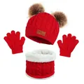 Detail of red cable knit winter set featuring faux fur pom-poms and warm fleece lining - Toddler Size / Red