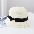 Minimalist beige straw sun hat with black ribbon bow for women's summer style - Adult Size (54-57CM) / Bow Decoration / Milky White