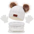 Detail of cream cable knit texture and fluffy faux fur pom-poms on kids winter set - Toddler Size / White