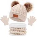 Kids winter 3-piece set with pompom knit hat, warm scarf, and gloves in beige - Toddler Size / Off White