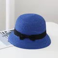 Royal blue woven straw cloche sun hat with black ribbon bow for women's summer style - Adult Size (54-57CM) / Bow Decoration / Blue