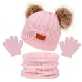 Pink knit set for kids featuring a cable pattern hat with faux fur pom-poms and fleece lining - Toddler Size / Lotus Pink