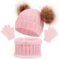 Detailansicht des rosa Stricksets für Kinder mit Pompons, Fleecheschal und Handschuhen - Doppelbommel / Hellrosa