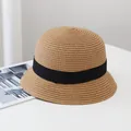 Cloche straw sun hat in natural wood color with wide black decorative ribbon - Adult Size (54-57CM) / Square Bow Decoration / Khaki