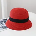 Chic red woven straw cloche hat with black ribbon band for women's sun protection - Adult Size (54-57CM) / Square Bow Decoration / Red