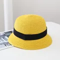 Chic bright yellow woven straw cloche hat with stylish wide black grosgrain ribbon - Adult Size (54-57CM) / Square Bow Decoration / Yellow
