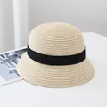 Beige woven straw cloche sun hat for women with a contrasting black wide ribbon band - Adult Size (54-57CM) / Square Bow Decoration / Beige