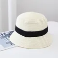 Minimalist cream straw sun hat featuring a classic black ribbon band for women - Adult Size (54-57CM) / Square Bow Decoration / Milky White
