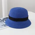 Women's dark blue straw sun hat with cloche dome and wide black ribbon bow decoration - Adult Size (54-57CM) / Square Bow Decoration / Blue