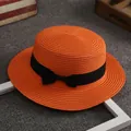 Cappello di paglia a corona piatta arancione con fiocco nero per viaggi estivi in spiaggia - Arancione