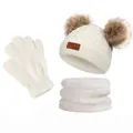 3-teiliges Strickset für Kinder mit Bommelmütze, Schal und Handschuhen in Cremeweiß - Doppelbommel / Weiß