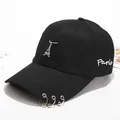Hip hop black baseball cap with metal rings, Eiffel Tower charm and Paris embroidery - Children (2-8 Years Old) / Tower Style (Black)