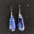 Teardrop-shaped natural stone earrings in deep blue marble texture with silver hooks - Dark Blue (1-)