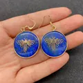 Handmade 26mm round natural lapis lazuli drop earrings with golden bee filigree - Bee Pattern (No. 2)