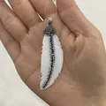 Handcrafted white shell feather pendant with inlaid rhinestones and silver metal clasp - No. 3 (25x68mm)