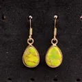 Waterdrop-shaped green turquoise earrings with gold wire wrap and french hooks - Green