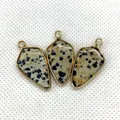 Three bullet-shaped spotted natural stone pendants with gold metal frames for DIY necklaces - 14x28mm / Dalmatian Jasper