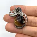 Tiger eye stone elephant pendant with vintage silver finish and sphere gem detail - 21x32mm / Tiger's Eye