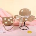 Kids straw sun hat and crossbody bag set with daisies and organza bow for beach - Hat / Coffee