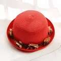 Bright red woven straw sun hat with decorative handmade floral accents for beach vacations - Adult Size (57cm) / Red