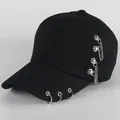 Street style black cotton baseball cap with silver metal rings and hanging chains - L / Double Chain / Black