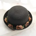 Women's vintage black straw sun hat with floral rose decor and organza bow detail - Adult Size (57cm) / Black