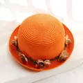 Bright orange straw hat for girls featuring fine weave and colorful floral decorations - Adult Size (57cm) / Orange