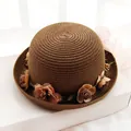 Elegant dark coffee woven straw hat with floral wreath and pink chiffon ribbon tie - Dark Coffee