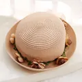 Beige straw sun hat with floral wreath and mesh bow, casual beach accessory for women - Nude Pink