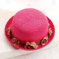 Summer casual rose red straw sun hat with floral decoration and round top for beach outings - Magenta