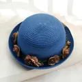 Elegant bright blue straw sun hat with brown floral band decoration for women beach trips - Sapphire Blue