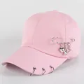 Pink cotton baseball cap with silver rings, safety pin, and metallic heart charms - L / Safety Pin / Pink