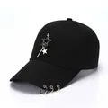 Black cotton baseball cap with silver metal star ornament and punk style rings - L / Pentagram / Black