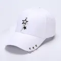 White cotton baseball cap with silver metal star pendants and rings in a punk street style - L / Pentagram / White