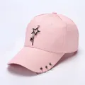 Light pink baseball cap with star pendant and metal rings on brim for fashion look - L / Pentagram / Pink