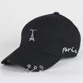 Black cotton baseball cap with Eiffel Tower pendant, Paris embroidery and metal rings - L / Eiffel Tower / Black